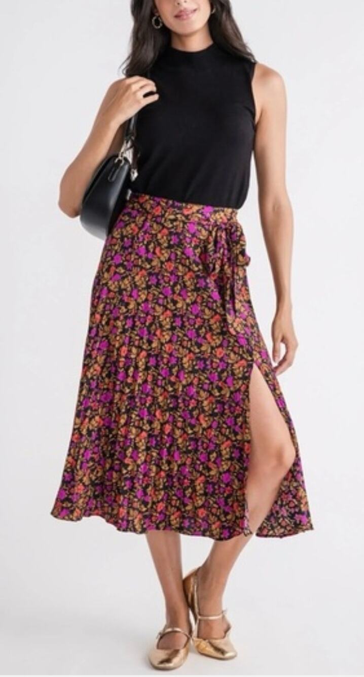 Skies Are Blue dark floral pleated midi skirt Size L tie belt pull on Whimsigoth